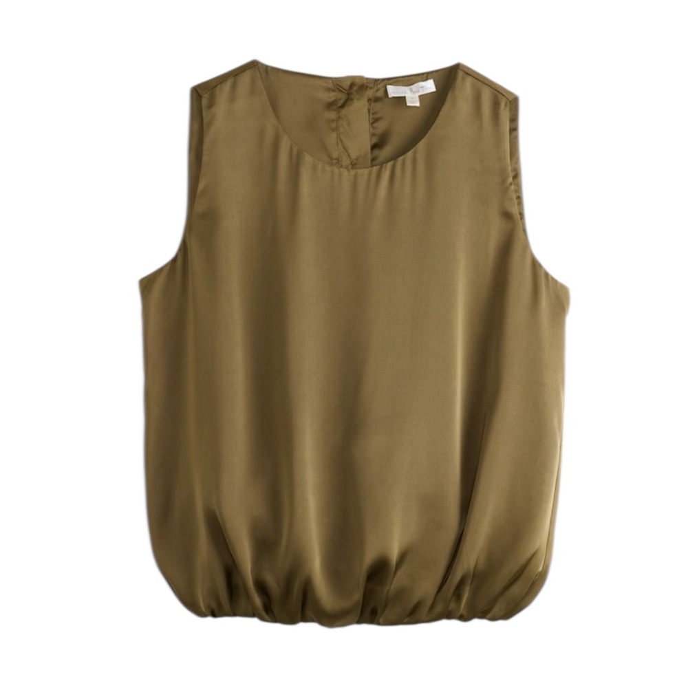 NWT Nine Britton Kari Satin Tank Olive Green Bubble Hem Sleeveless Blouse Size S